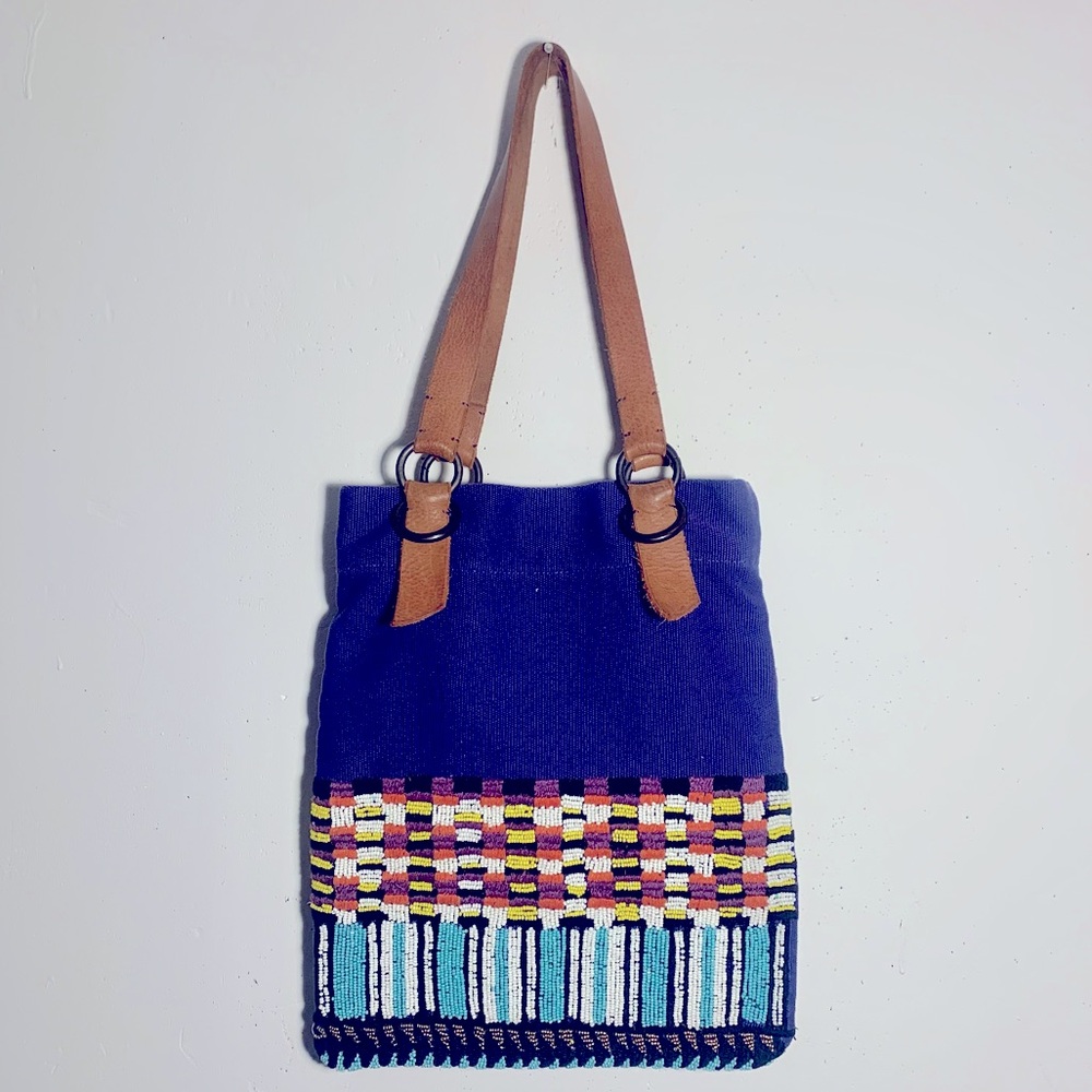 Anthropologie Jasper & Jeera Beaded Tote Bag with Leather Handles